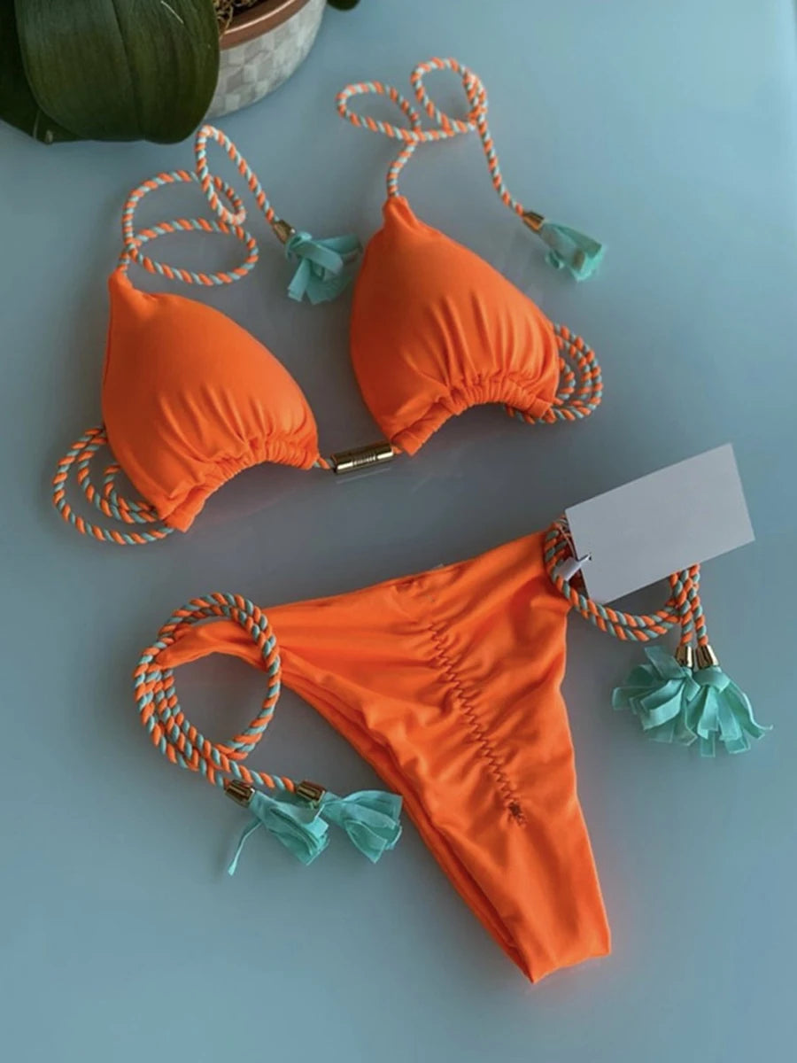 2023 Triangle String Bikini Women Sexy Brazilian Swimsuit Tie Side Thong Swimwear Female Bathing Swimming Suit Summer Beachwear s8Orange