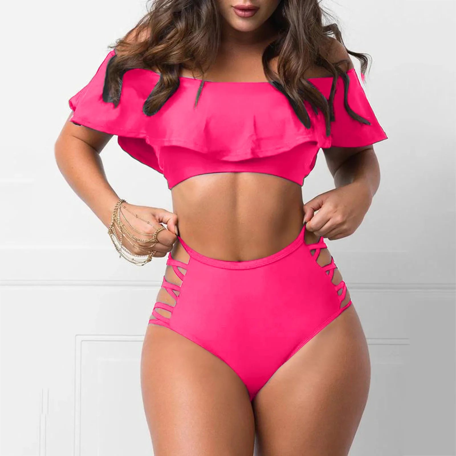 Women Ruffled Bikini Set Swimsuit Female Sexy Fashion Beachwear High Waist Swimwear Two Piece Set Bathing Suit Hot Pink