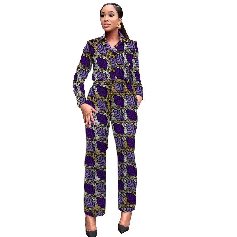 African Wax Print Women Outfits Turn Down Collar Shirts Patch Casual Pants Ankara Fashion Female Dashiki Wear 11 CHINA