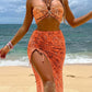 2024 Halter Cross Bikini Ring Linked Swimsuit Drawstring Beach Dress 3 Piece Sexy Swimwear Women Bathing Suit Padded Beachwear P2Orange Red