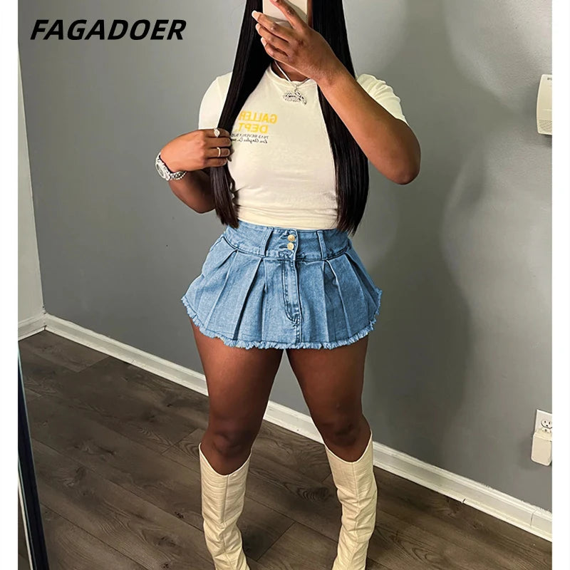 FAGADOER Fashion Y2K Cute Pleated Denim Skirts Women High Waisted Button Mini Shorts Skirts Summer New Retro Matching Bottoms