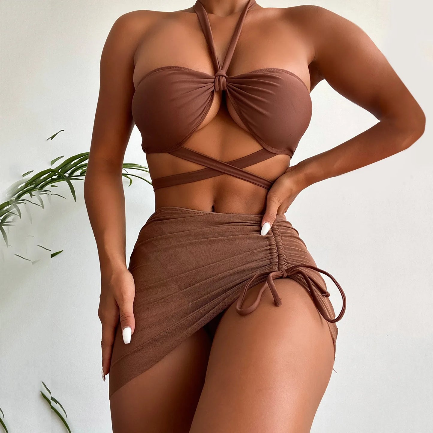 Summer 2024 New 3 Pieces Swimsuit Women High Waist Swimwear Sexy Lace Up Micro Bikini Set With Skirt Beachwear Bathing Suit Brown CN