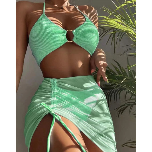 Solid Color Mesh High Waisted Bikini Sets For Women Tummy Control Bottoms Push Up Crop Top Swimsuit Three Piece Bathing Suits