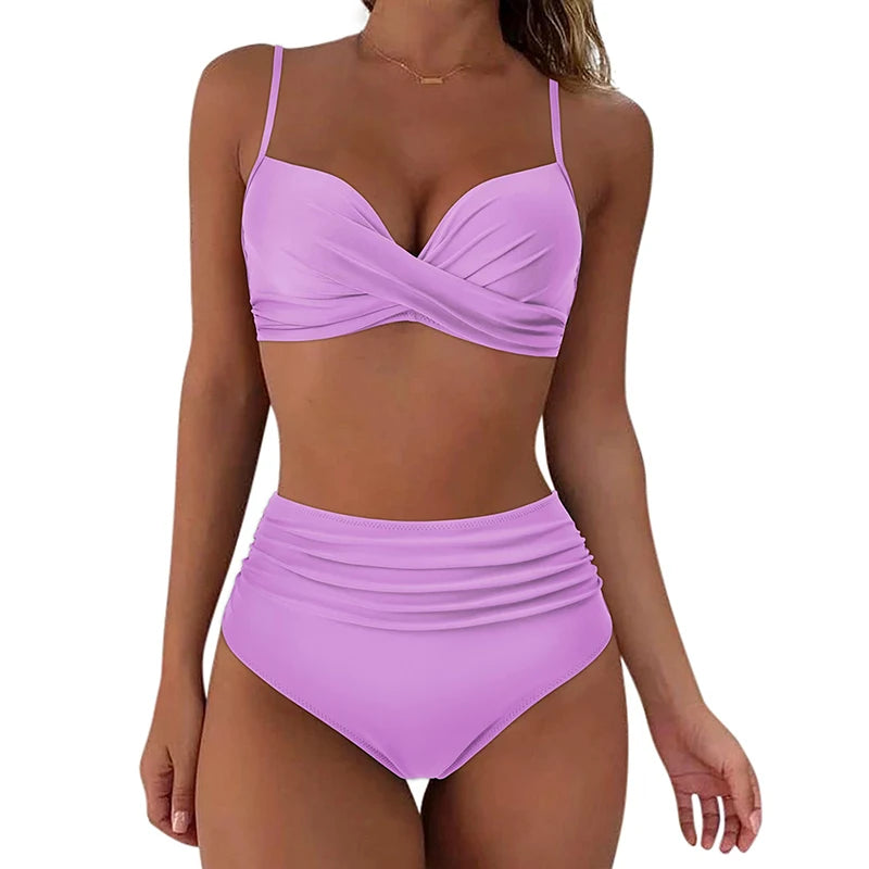 Two Pieces Sexy Swimsuits 2023 Women Bikini Set Beachwear Push Up Solid Summer Bathing Suit Triangle Bikini Swimwear Low Waist light purple CHINA