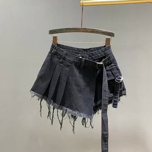 Irregular Pink Denim Skirt Women's Summer High Waist Slimming False Two-Piece A- Line Workwear Short Mini Skirts 2024 black