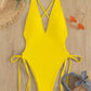 Fashion Solid Deep V Neck One Piece Swimsuit Women Yellow White Hollow Out Pleate Swimwear Beach Bandage Bathing Suit Monokini BS124 Yellow