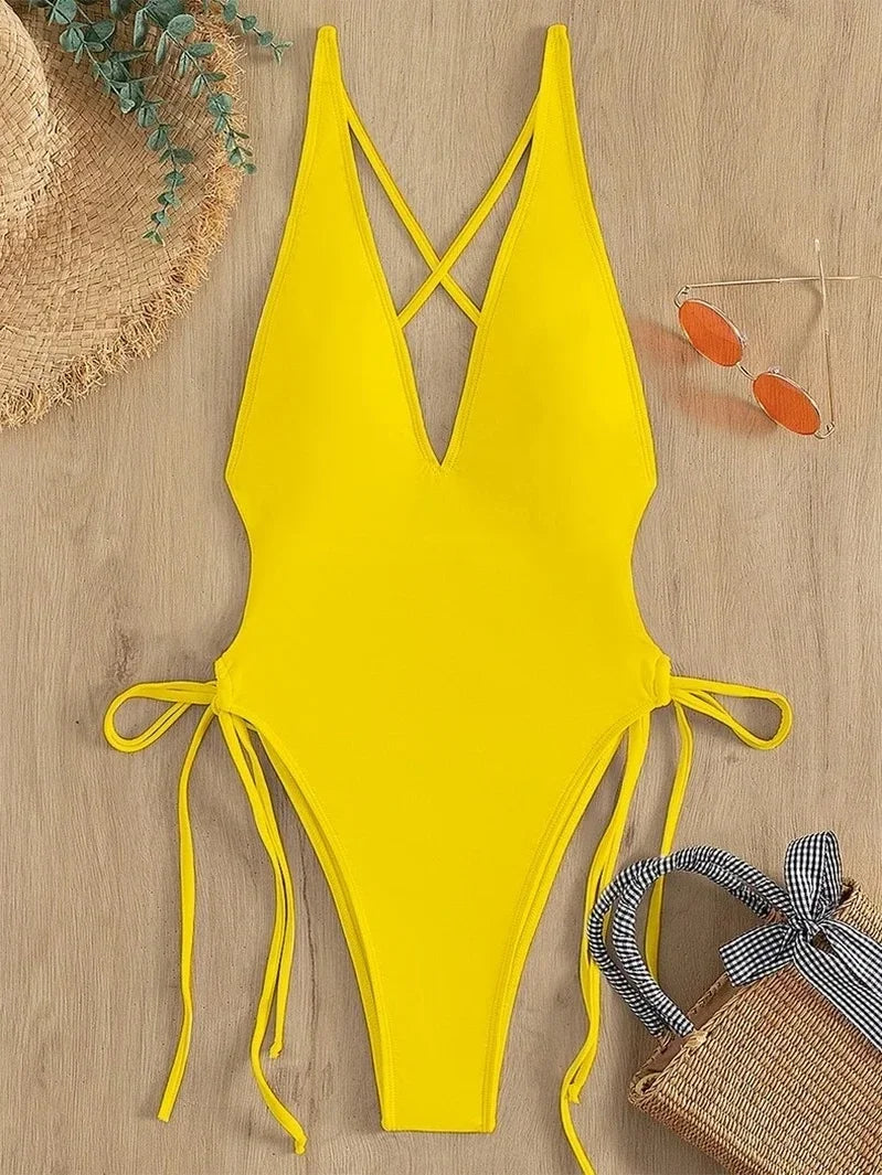 Fashion Solid Deep V Neck One Piece Swimsuit Women Yellow White Hollow Out Pleate Swimwear Beach Bandage Bathing Suit Monokini BS124 Yellow