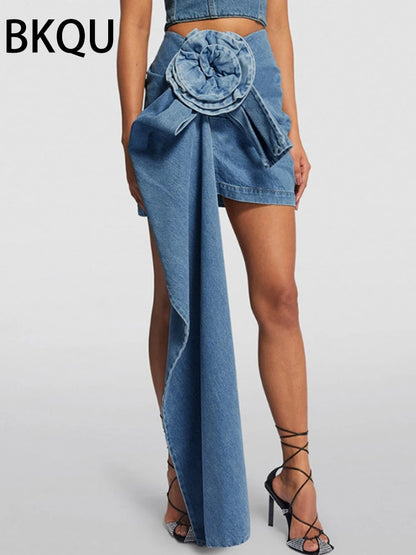 BKQU Denim Skirts Women Streetwear High Waist Three-dimensional Flower Design Blue Mini Skirts 2024 Summer Asymmetric Hip Skirt Blue CHINA