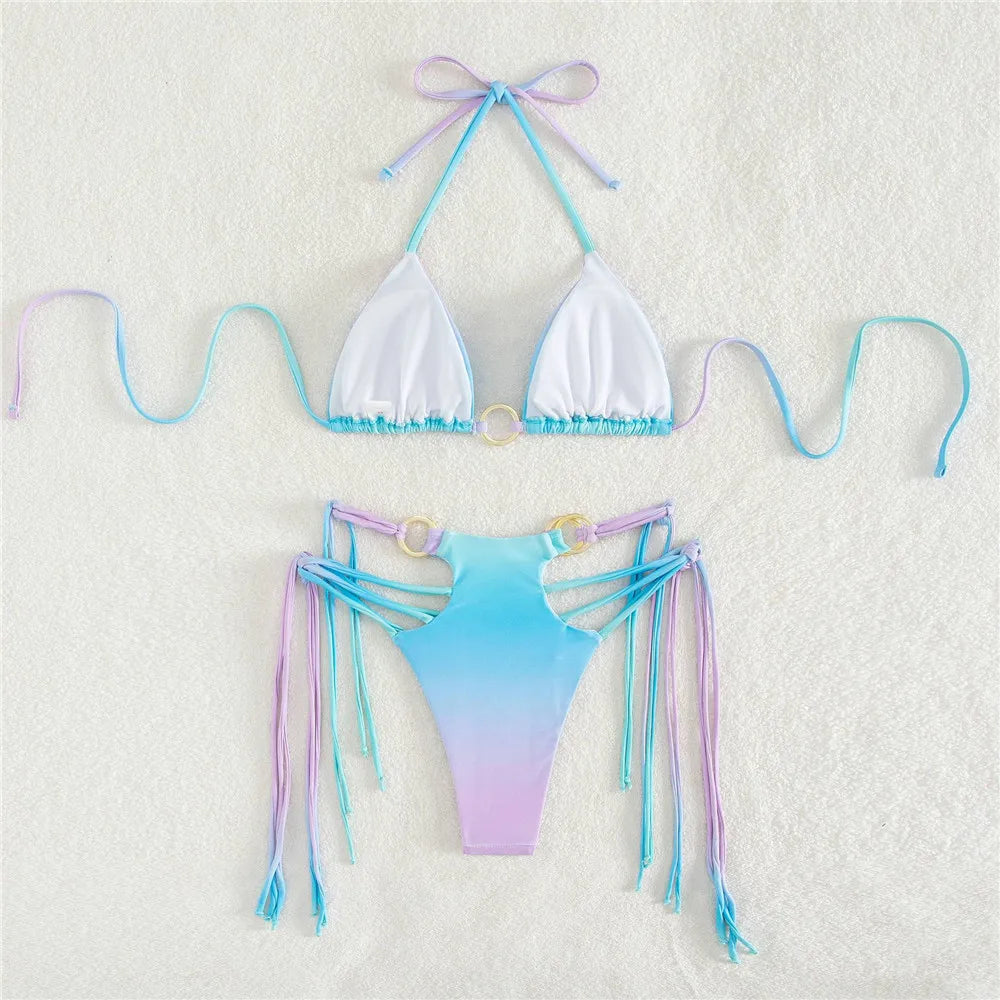 Sexy Gradient Tie Dye Print Micro Thong Bikinis Set Swimsuit String Halter Swimwear Swimming Suit for Women Bikini Mujer Biquini