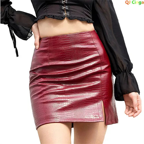 2024 Spring/summer Red Crocodile Pattern PU Skirt Ladies Slit Skirt Slim Stretch Leather Skirts White Brown Black Green N850 Red