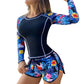 2024 New Tankini Women Swimsuit Tropical Print Bikini Set Long Sleeve Swimwear Summer Shorts Beachwear Female Bathing Suit Dark Blue