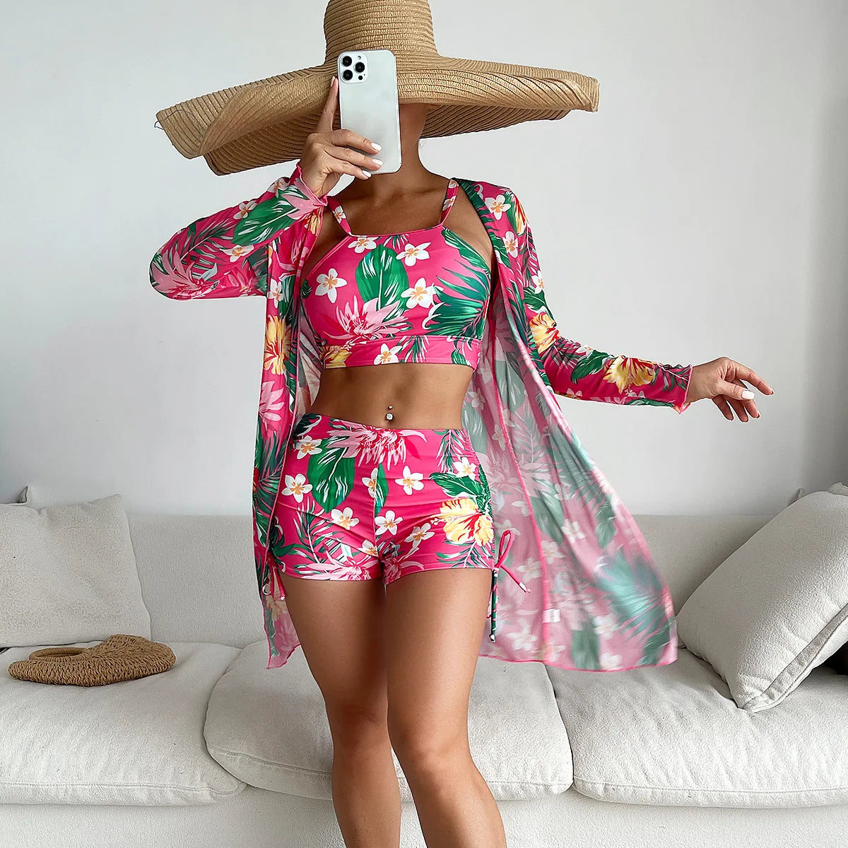 VigoBreviya 2024 Print 3 Piece Mesh Long Sleeve Smock Bikini Set Push Up Strapped Swimwear Backless Women High Waist Swimsuit Print2