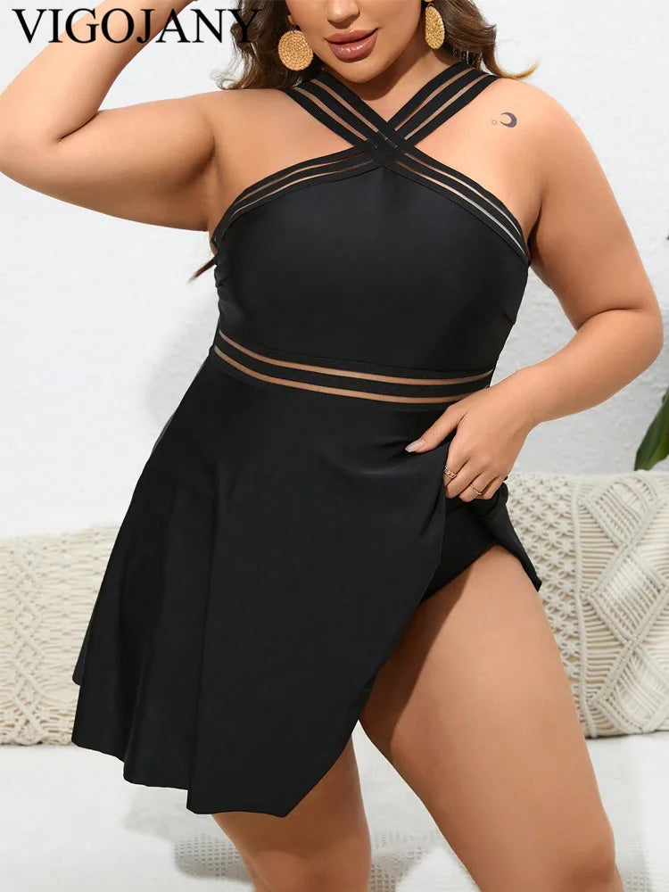 VigoJany 2024 Black 2 Piece Plus Size Dress Swimwear Women Strapped Large One Piece Swimsuit Beach Chubby Big Bathing Suit