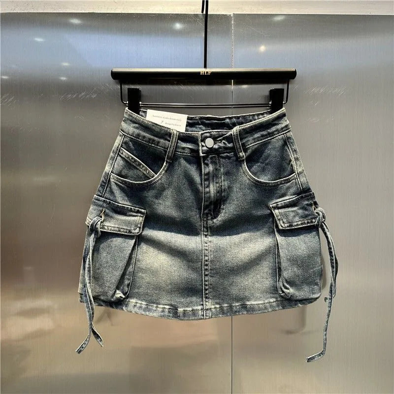 2024 New Fashion Three Dimensional Strap Pocket Wash High Tooling Denim Skirt Women Y2K Summer Vintage Casual Joker A Skirt 1 2