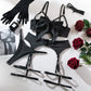 Sexy Hollow Out Bow Solid Exotic Pure Desire Underwear with Garter and Gloves Set Black