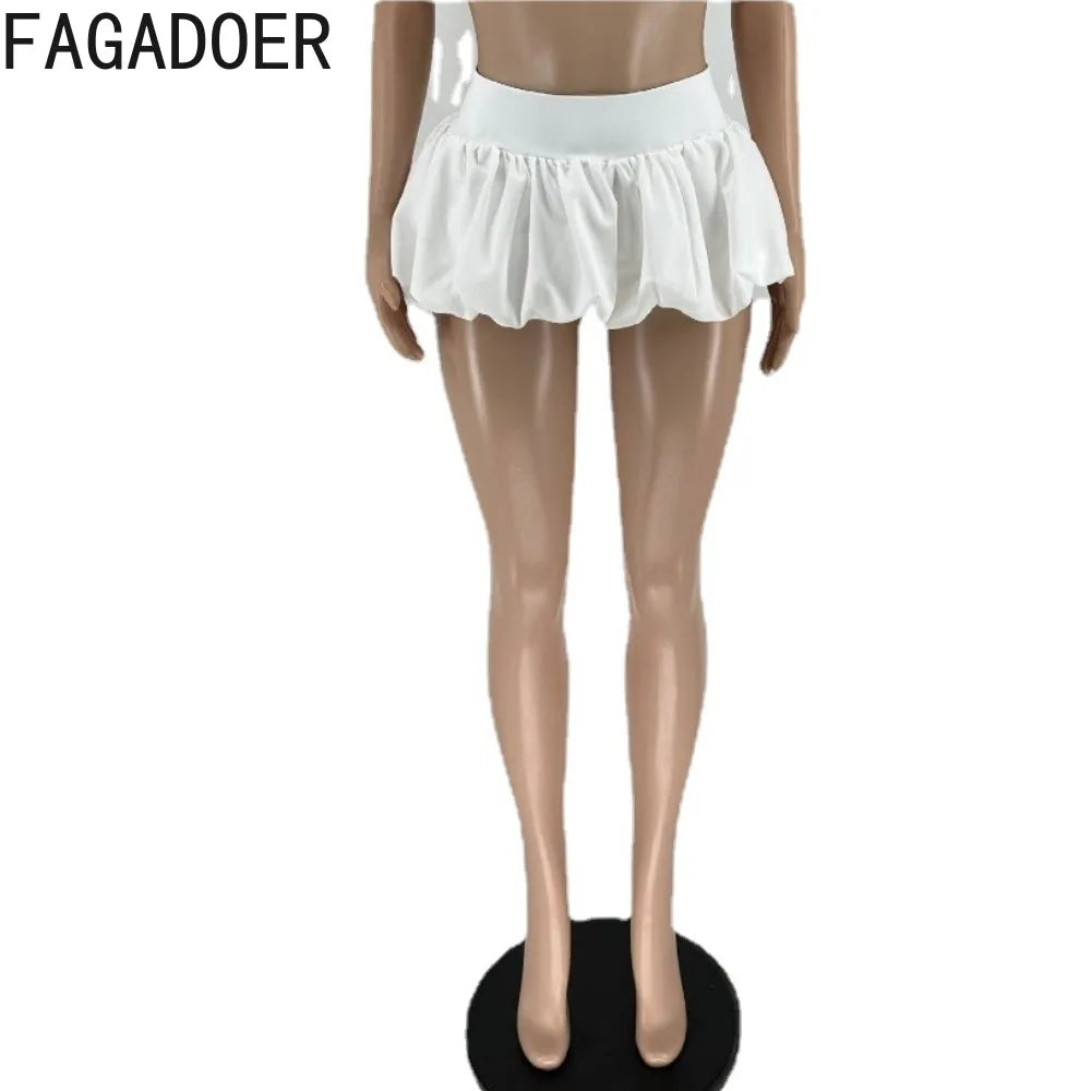 FAGADOER Fashion Solid Bubble Ruched Mini Skirts Women Elastic High Waist Slim Puff Skirts Summer New Female Matching Streetwear