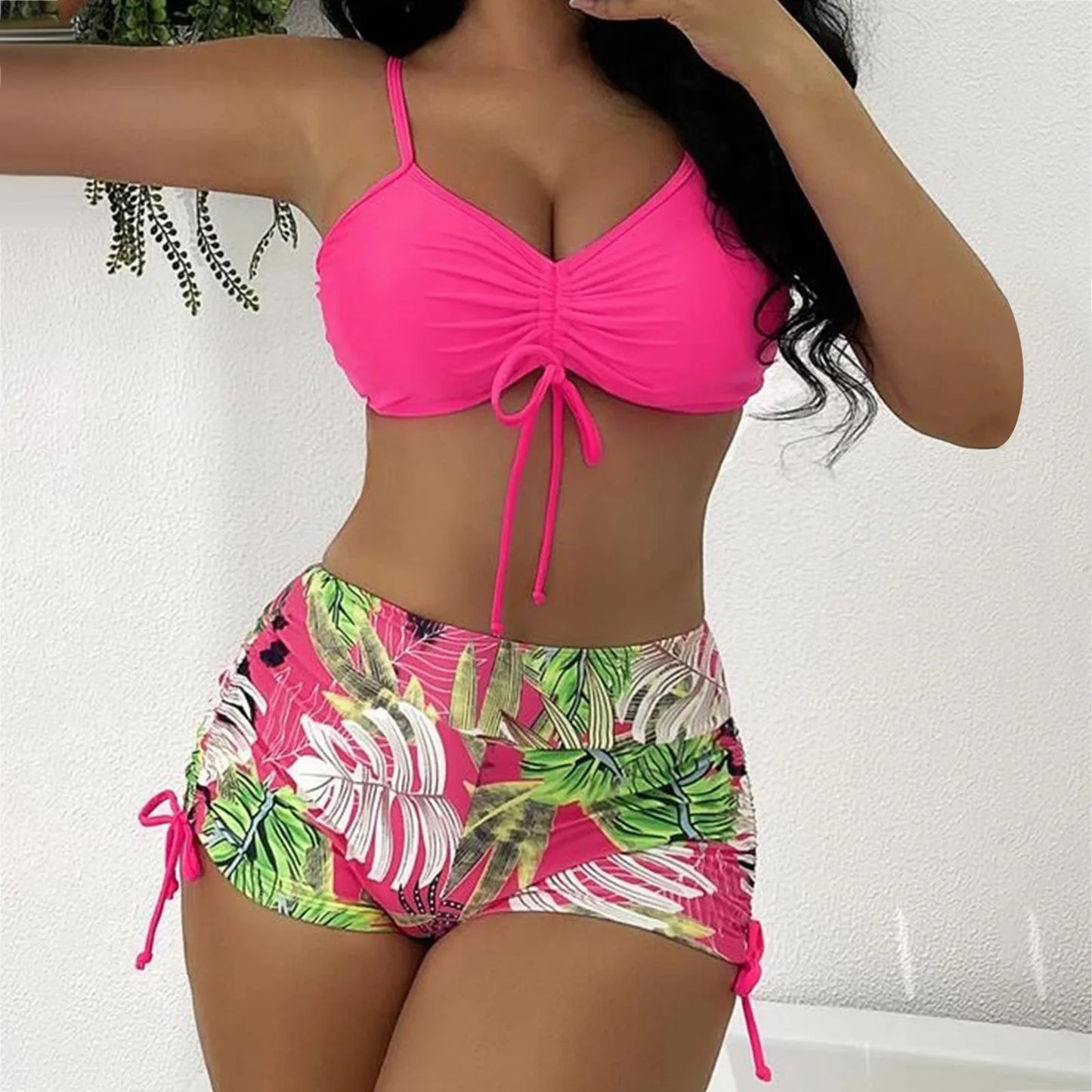 Sexy Bikini Sets 2024 Summer New Swimsuit Two Piece Outfits Women's Swimwear Tankinis Set Push Up Bathing Suits Beach Wear Hot Pink CHINA