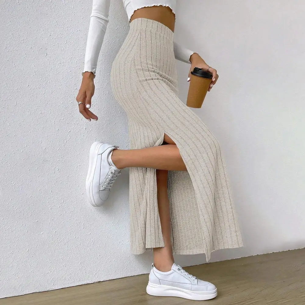 Solid Color Long Skirt Striped High Waist Knitted Maxi Skirt for Women Warm Slim Fit Ankle Length Sheath Skirt with Split Hem