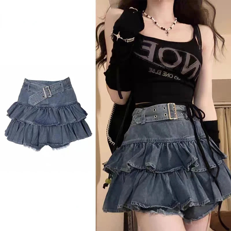 Y2K Vintage Women Korean Pleated Belted Short Denim Mini Skirt Grunge Streetwear High Waist Jeans A-line Denim Skirt Alt Clothes