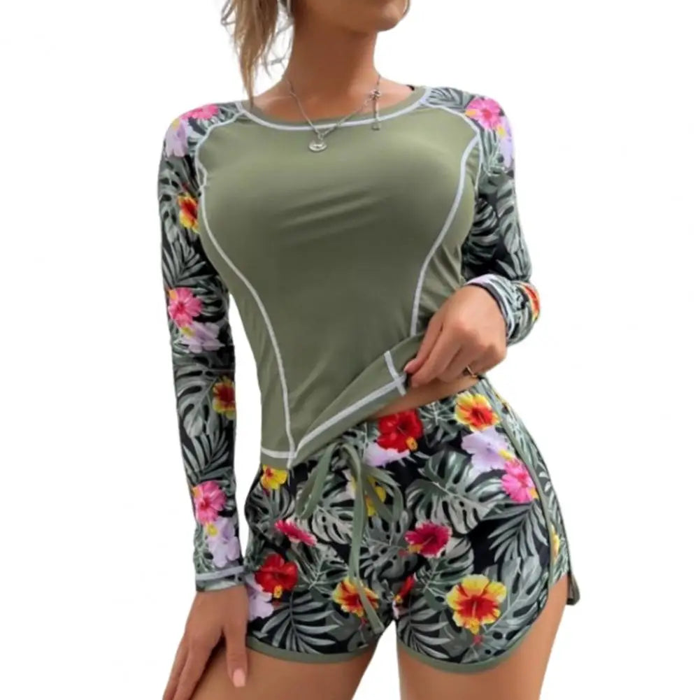 2024 New Tankini Women Swimsuit Tropical Print Bikini Set Long Sleeve Swimwear Summer Shorts Beachwear Female Bathing Suit Army Green