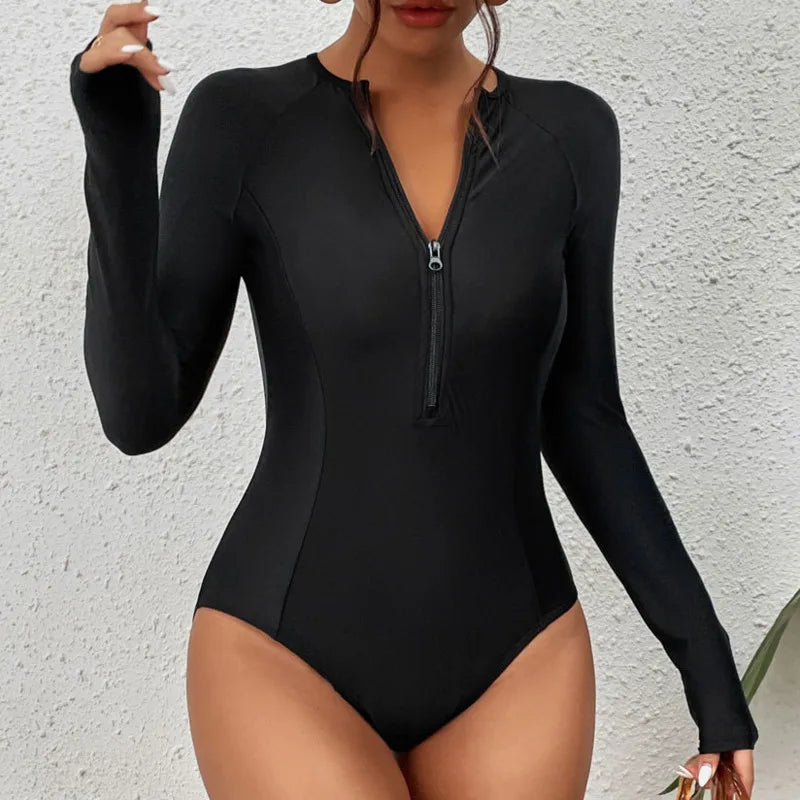 Black One-Piece Swimsuits Closed Long Sleeve Swimwear For Sports Surfing Bodysuit Women Swim Bathing Suit Beachwear Pool Bather