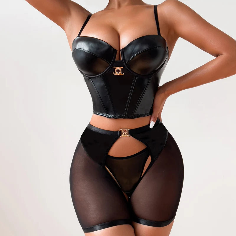 Women Lingerie Sexy Luxury Pornos Suit PU Leather See Through Fetish Underwear Erotic Uncensored Under Wear Exotic Intimate