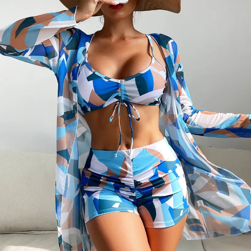 Summer Print Swimsuits Tankini Sets Female Swimwear Push Up For Beach Wear Three-Piece Bathing Suits Pool Women's Swimming Suit A23041303E