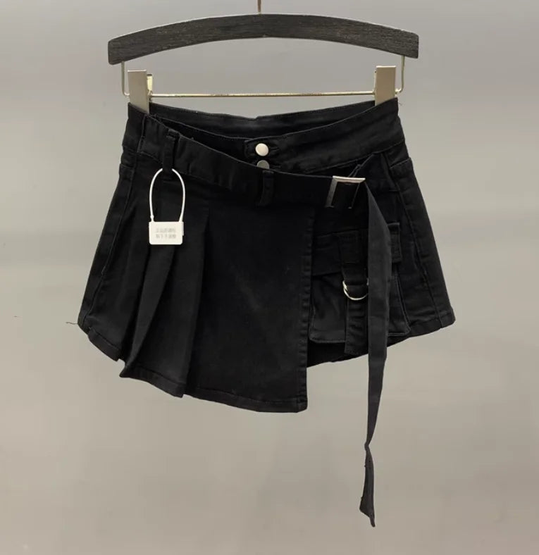 Irregular Pink Denim Skirt Women's Summer High Waist Slimming False Two-Piece A- Line Workwear Short Mini Skirts 2024 black no raw edge