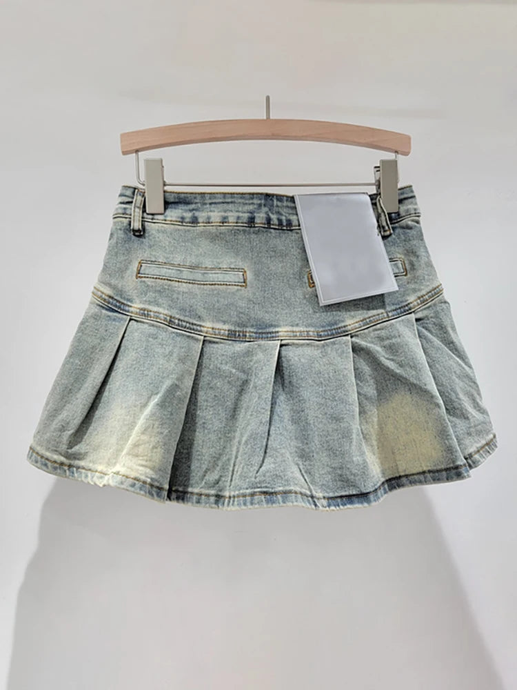 DEAT Women's Denim Skirts Patchwork Asymmetric Pockets Pleated A-line Short Cargo Miniskirt 2024 Summer New Fashion 29L6949