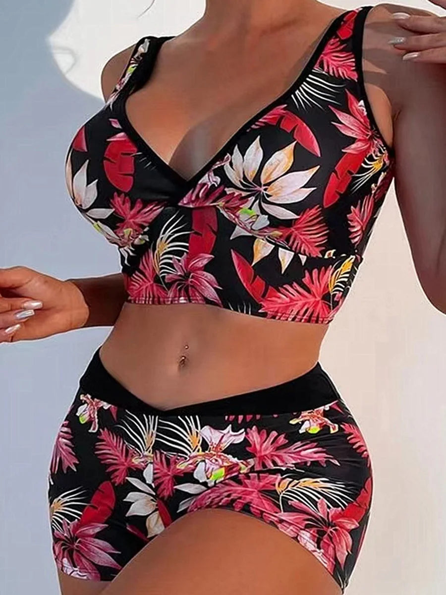 Print V Neck & Waist Boxer Bikini 2024 Swimsuit Women Padded Swimwear Female Bathers Bathing Swimming Swim Suit Beachwear Red