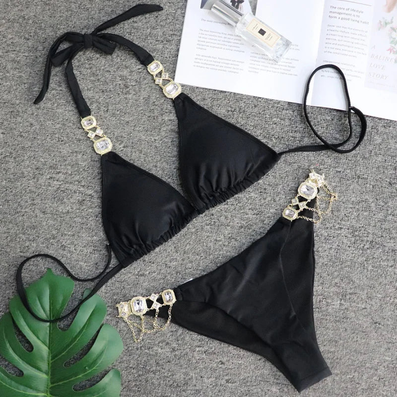 Halter Metal Chains Rhinestone Diamond Bikini Women Swimsuit Female Swimwear Two Pieces Bikini set Brazilian Bathing Suit Swim B093Black CHINA