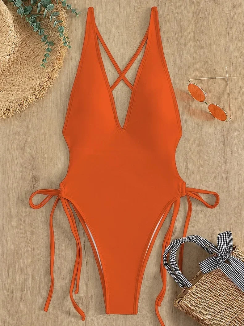 Fashion Solid Deep V Neck One Piece Swimsuit Women Yellow White Hollow Out Pleate Swimwear Beach Bandage Bathing Suit Monokini BS124 Orange