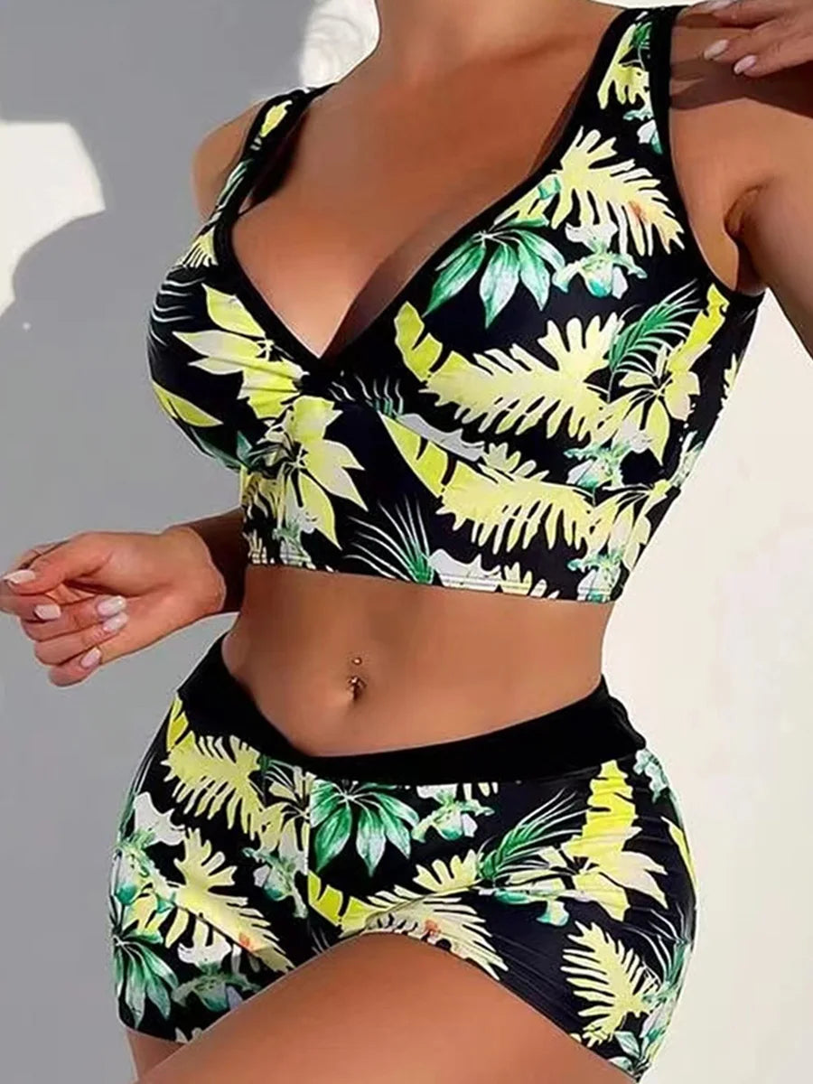 Print V Neck & Waist Boxer Bikini 2024 Swimsuit Women Padded Swimwear Female Bathers Bathing Swimming Swim Suit Beachwear Yellow