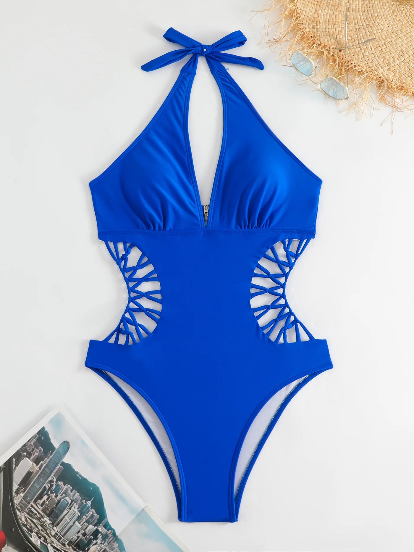 2024 Sexy Women's Cross One Piece Swimsuit Black Cut Out Swimwear Women Bathing Swimming Suit Female Beachwear Outdoor Bodysuit Blue