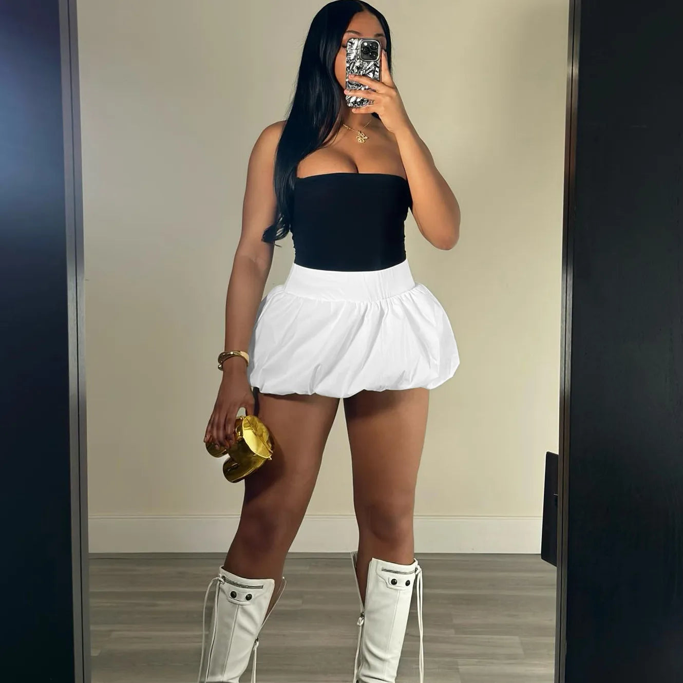 FAGADOER Fashion Solid Bubble Ruched Mini Skirts Women Elastic High Waist Slim Puff Skirts Summer New Female Matching Streetwear White Skirt