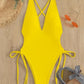 Fashion Solid Deep V Neck One Piece Swimsuit Women Yellow White Hollow Out Pleate Swimwear Beach Bandage Bathing Suit Monokini