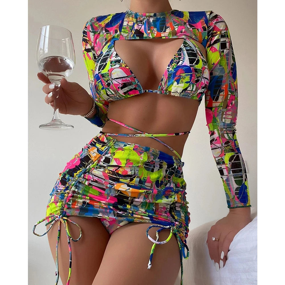 4 Pieces Bikini Set Bandage Long Sleeve Swimwear for Women Sexy High Waist Bikini Swimsuit Drawstring Bathing Suit Beachwear green CHINA