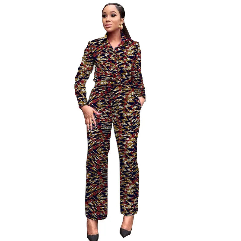 African Wax Print Women Outfits Turn Down Collar Shirts Patch Casual Pants Ankara Fashion Female Dashiki Wear 3 CHINA