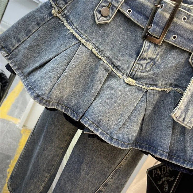 Retro Light Blue Pleated Denim Skirt 2024 Summer Sweet Cool Spicy Girl Belt A-line Half Skirt Fashion High Street Ladies Wear