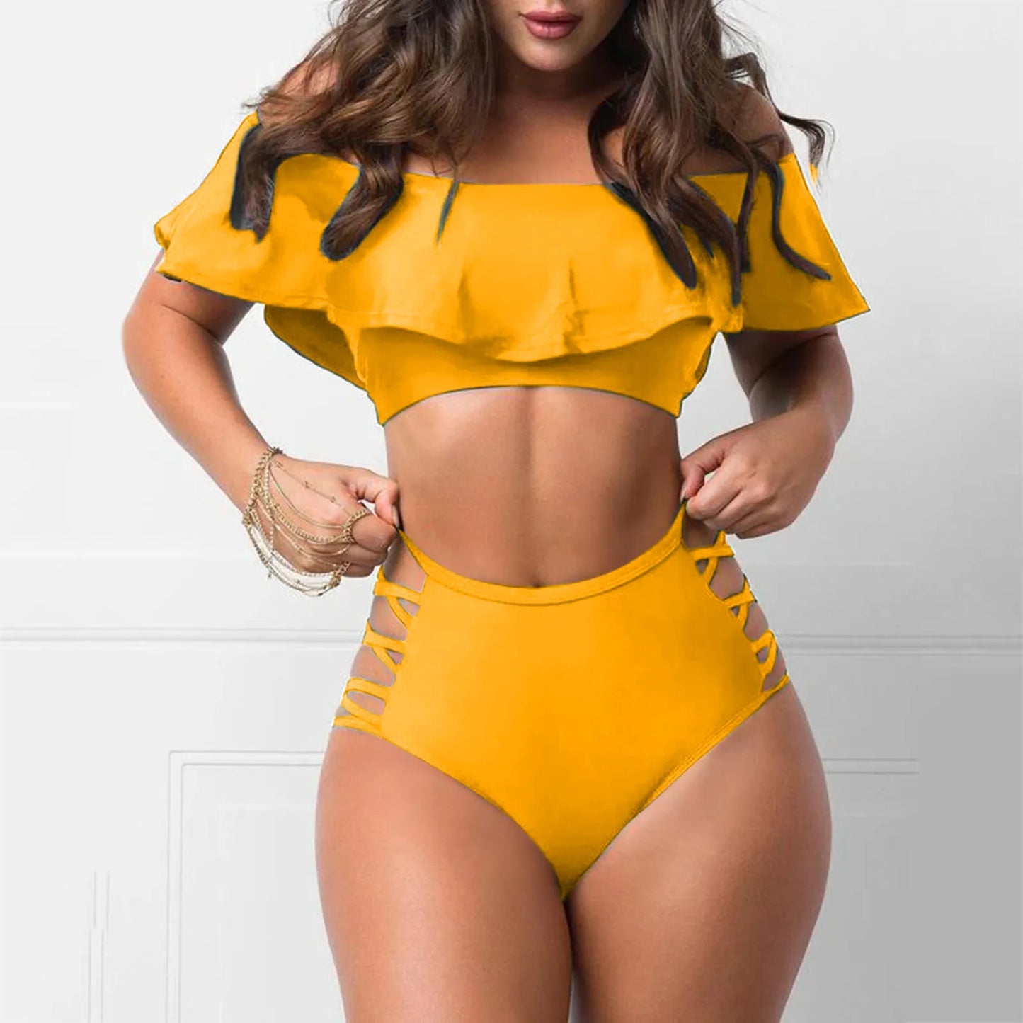 Women Ruffled Bikini Set Swimsuit Female Sexy Fashion Beachwear High Waist Swimwear Two Piece Set Bathing Suit Yellow