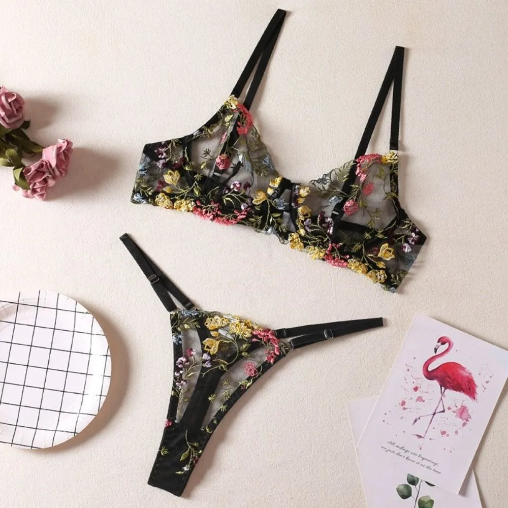 2-Piece Versatile Floral Lingerie Set Embroidery Sheer Boho Bra Panty Set Intimates Black