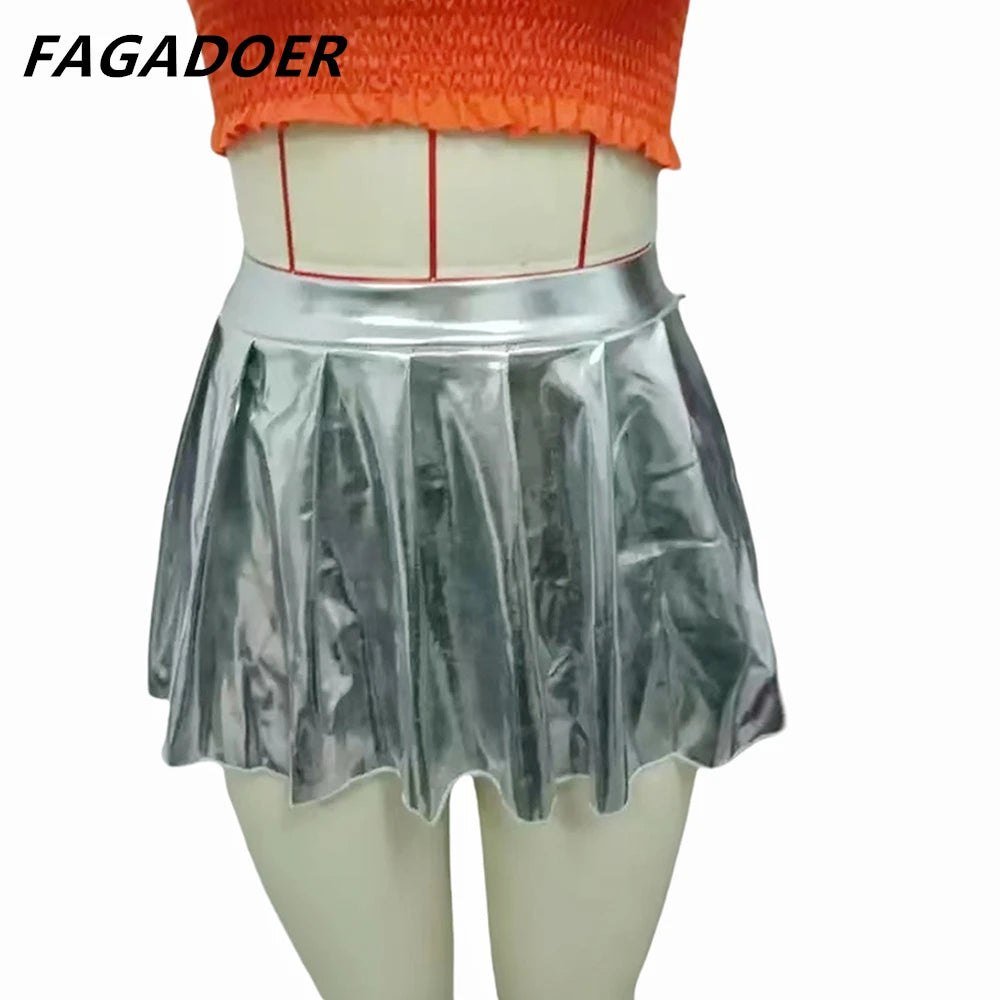 FAGADOER Reflective Silver Y2k Mini Pleated Skirt Party Club Outfits for Women Sexy A-line High Waisted Ball Gown Short Skirts