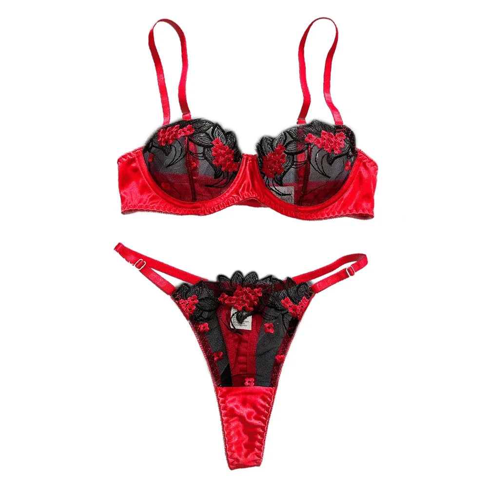 Sexy Lingerie Fancy Lace Eroticу Set Woman 2 Pieces Transparent Women's Underwear Embroidery Erotic Beautiful Bra And Panty Sets Red CHINA