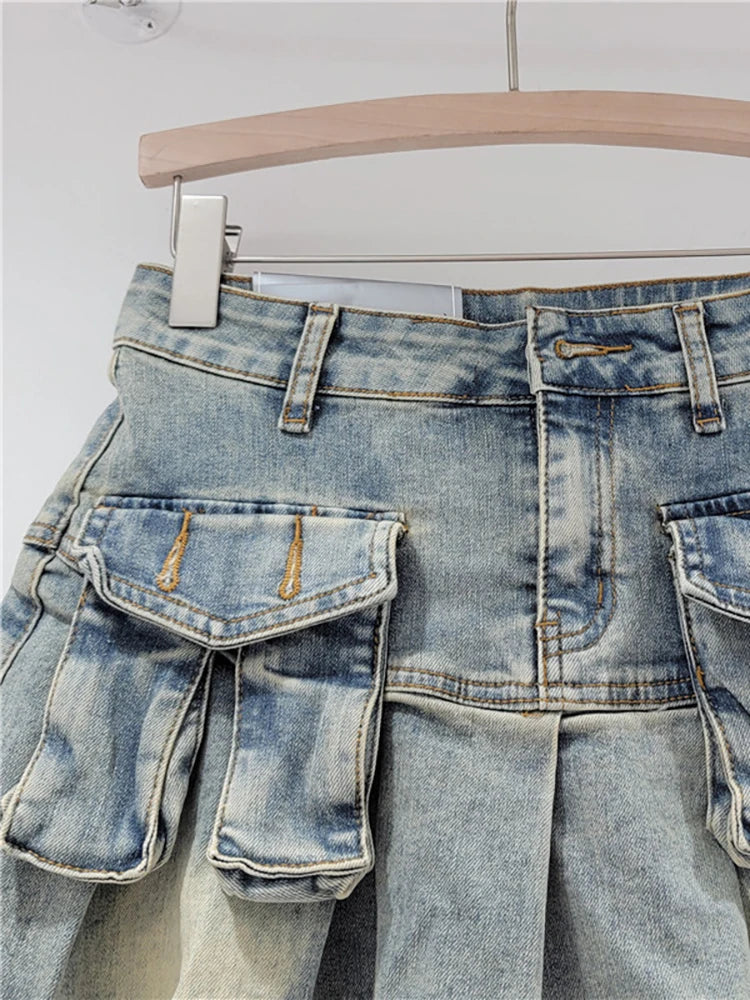 DEAT Women's Denim Skirts Patchwork Asymmetric Pockets Pleated A-line Short Cargo Miniskirt 2024 Summer New Fashion 29L6949