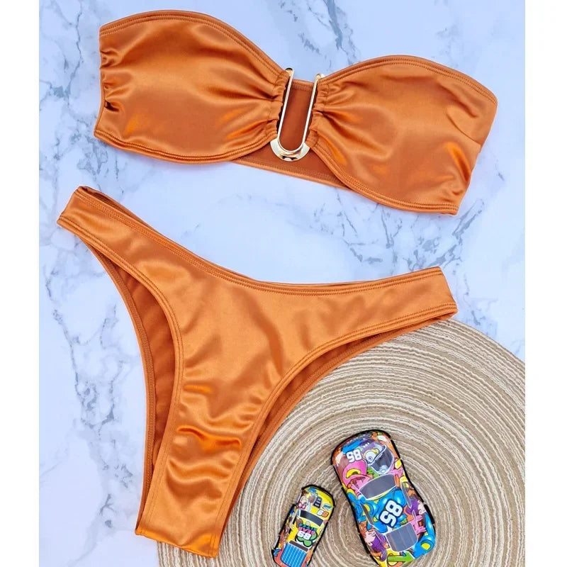 2024 New Bandeau Bikini Set Off Shoulder Two-piece Swimwear Bathing Suit Strapless Women's Swimsuit Biquini Orange