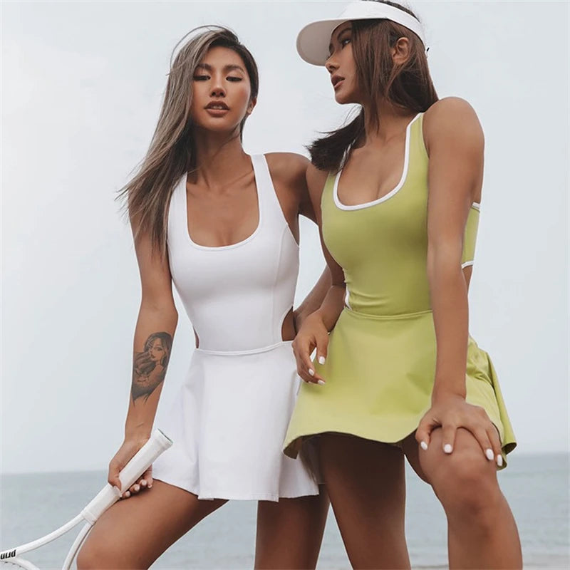 Women Tennis Dress Quick Dry Breathable Yoga Fitness Dress Shorts Two Piece Casual Workout Dress