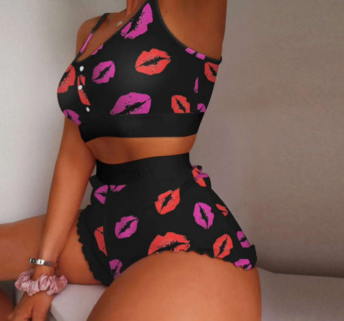 2 Pieces Set Women's Pajama Shorts Suit Multiple Print Underwear Sexy Lingerie Camisoles Tanks Nighty Ladies Loungewear Homewear 1