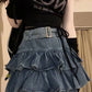 Y2K Vintage Women Korean Pleated Belted Short Denim Mini Skirt Grunge Streetwear High Waist Jeans A-line Denim Skirt Alt Clothes