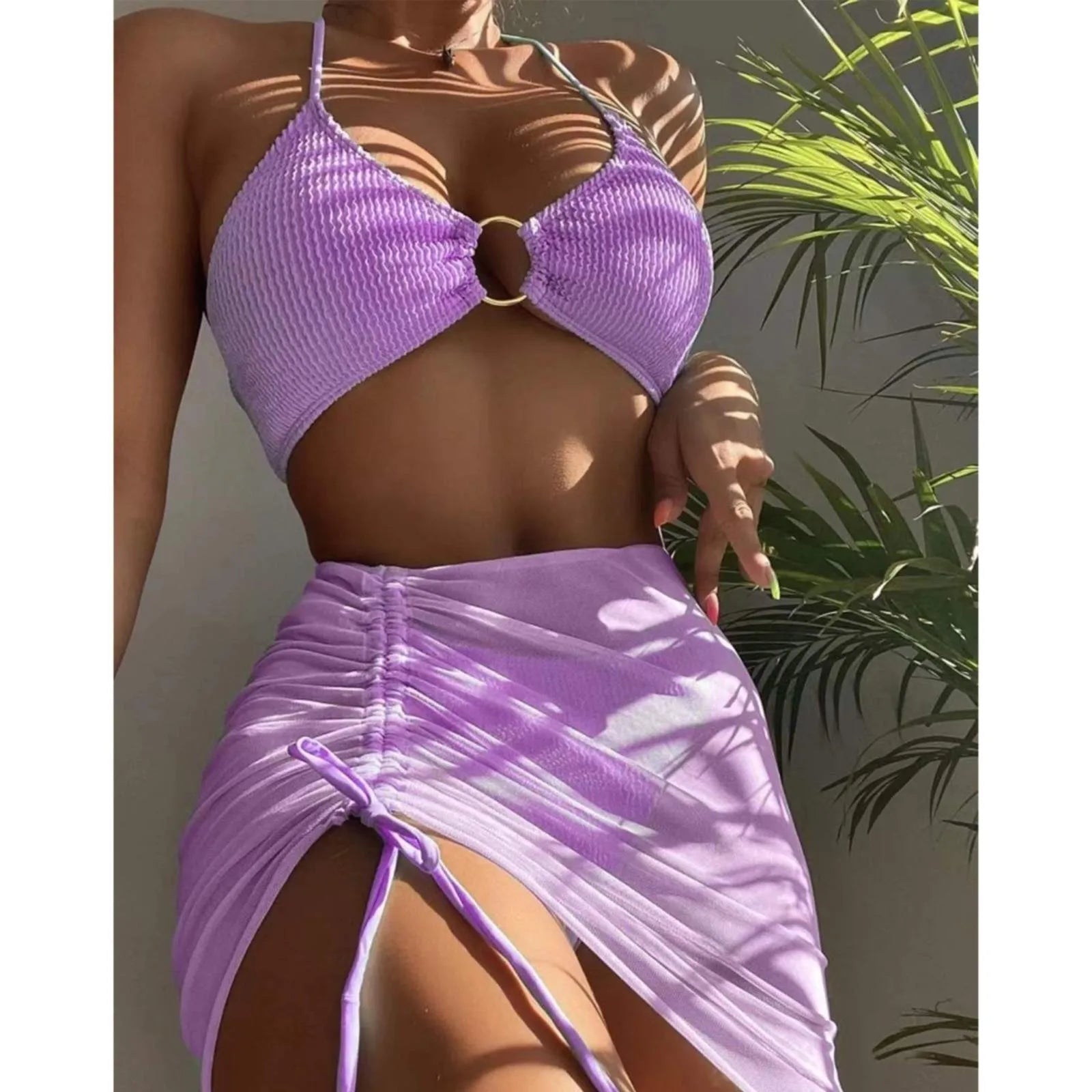 Solid Color Mesh High Waisted Bikini Sets For Women Tummy Control Bottoms Push Up Crop Top Swimsuit Three Piece Bathing Suits