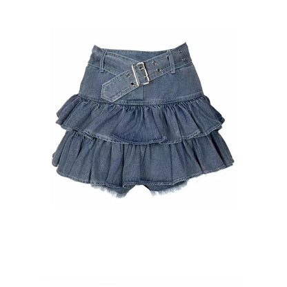 Y2K Vintage Women Korean Pleated Belted Short Denim Mini Skirt Grunge Streetwear High Waist Jeans A-line Denim Skirt Alt Clothes Blue